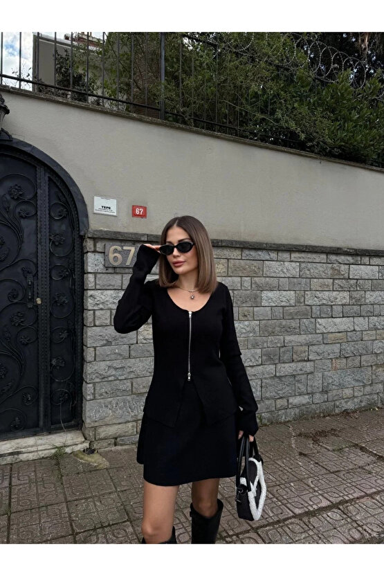 Velmora Premium İkili Fermuarlı Hırkalı Etekli Takım - Siyah -VLMR