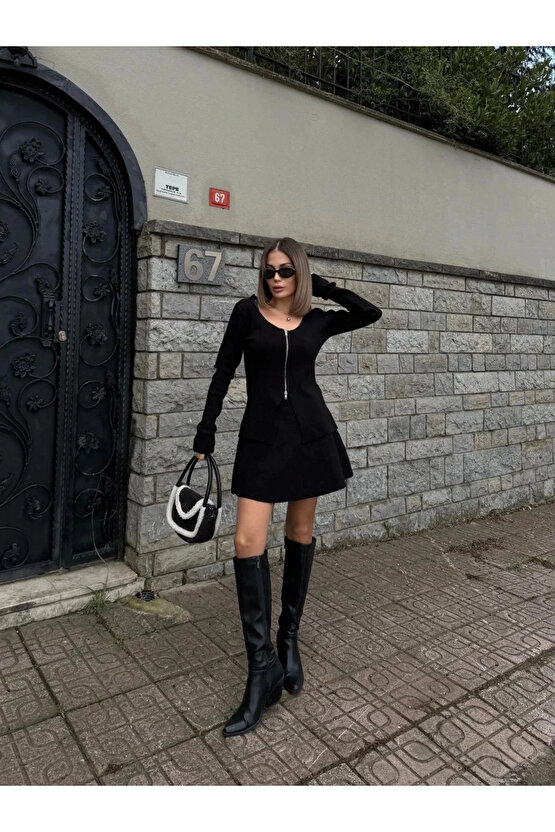 Velmora Premium İkili Fermuarlı Hırkalı Etekli Takım - Siyah -VLMR