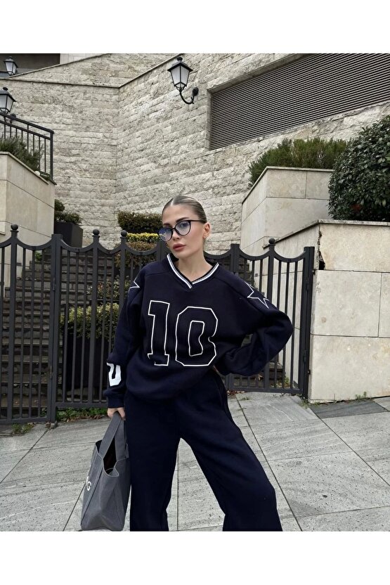 V Yaka Üç İplik Sweat Takım - Siyah