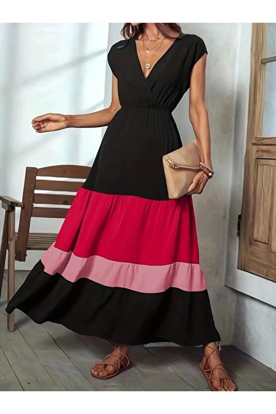 Kadın Kısa Kollu Kruvaze Yakalı çok Renkli Aerobin Elbise