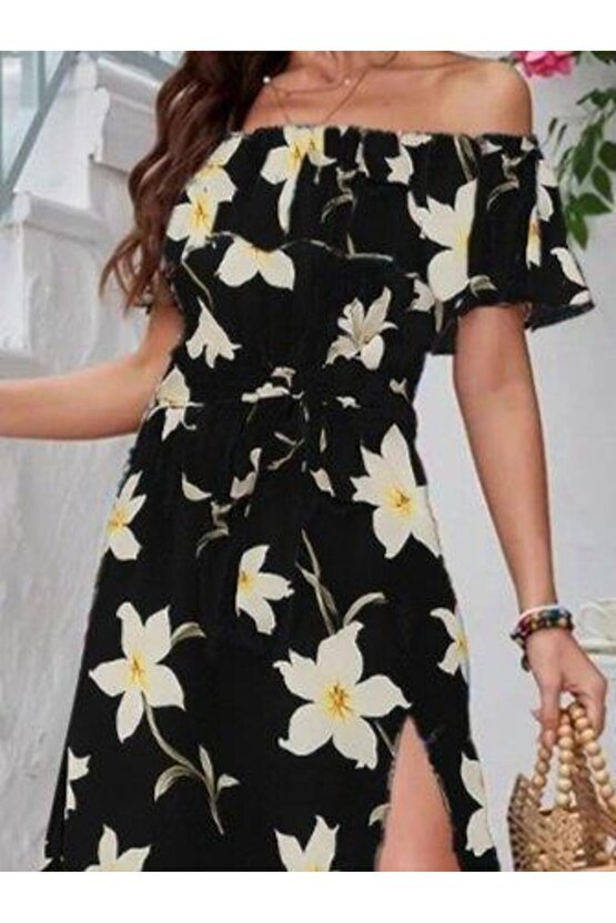 Kadın Kısa Kollu Madonna Yaka Fırfırlı Belden Yırtmaçlı Maksi örme Krep Elbise