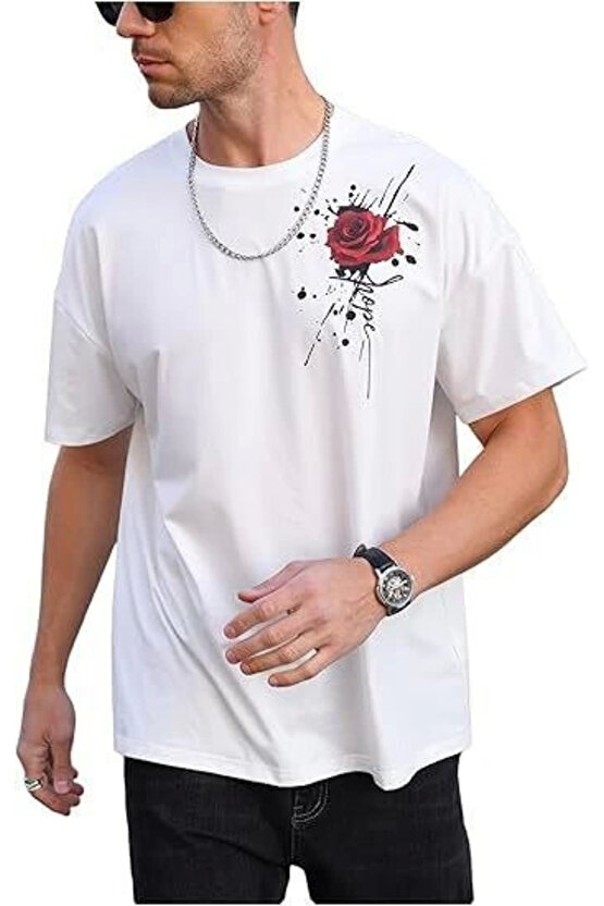 Erkek Bisiklet Yaka Kısa Kol Baskılı T-shirt - Beyaz