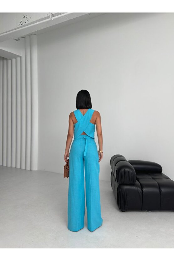 Kadın Keten Sırtı Çapraz Geçişli Cepken Pantolon İkili Takım