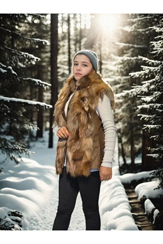 Kadın Kolsuz Hakiki Deri Kürk - Kahve