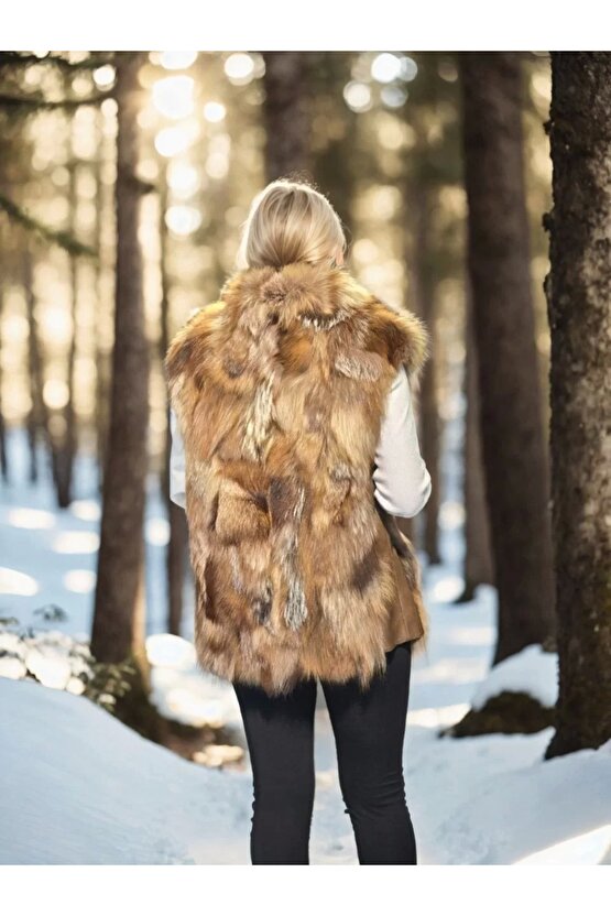 Kadın Kolsuz Hakiki Deri Kürk - Kahve