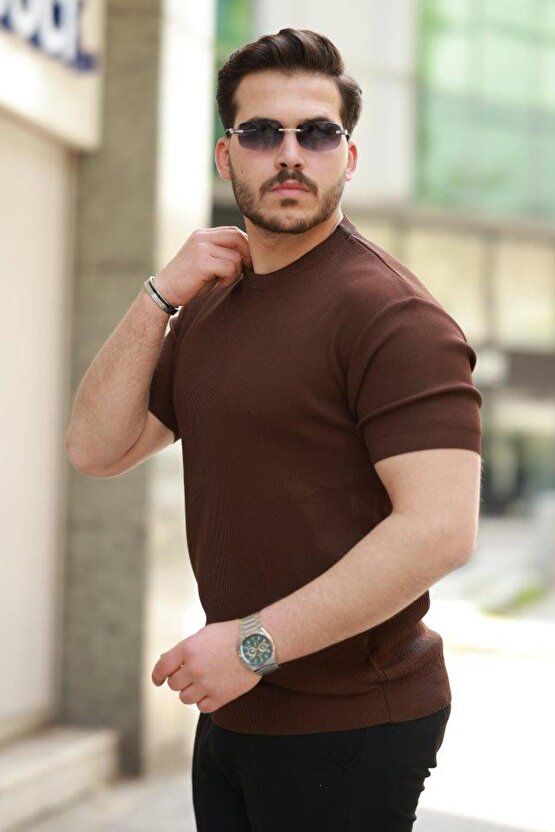 Erkek Bisiklet Yaka Jakarlı Kısa Kollu Tshirt