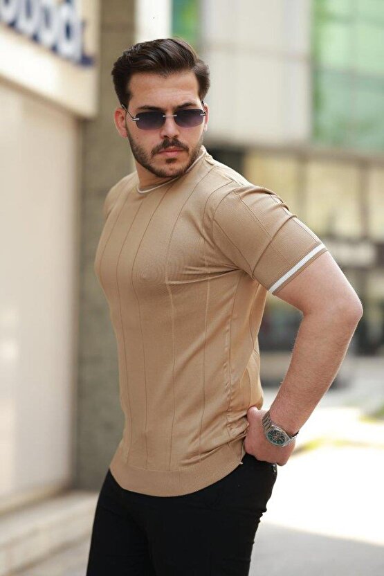 Erkek Bisiklet Yaka çizgi Desenli Ribanalı Kısa Kollu Tshirt