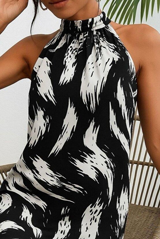 Kadın Kolsuz Boyundan Askılı Desenli Midi Süprem Elbise