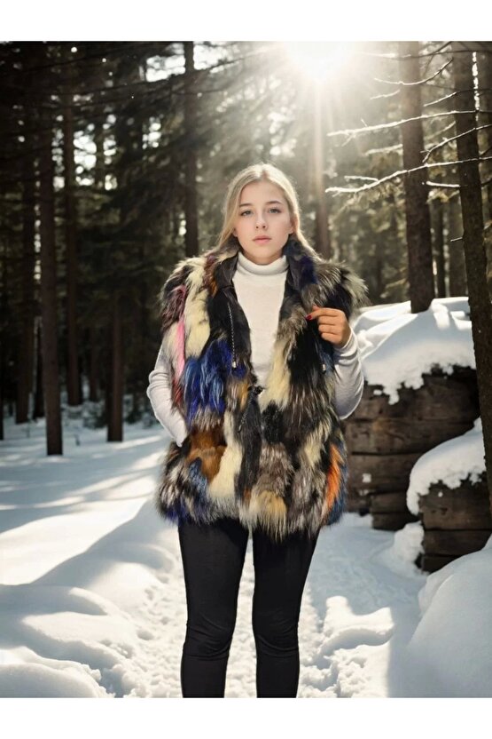 Kadın Kolsuz Hakiki Deri Ceket - Siyah