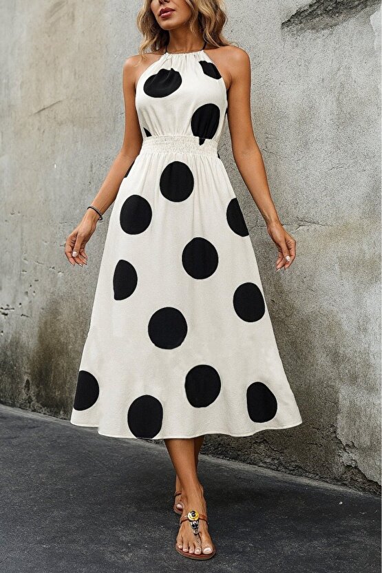 Kadın Kolsuz Boyundan Bağlamalı Beli Lastikli Dijital Baskı Süprem Uzun Elbise