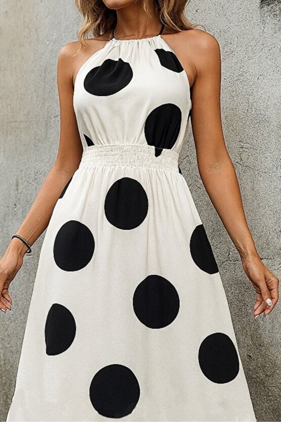 Kadın Kolsuz Boyundan Bağlamalı Beli Lastikli Dijital Baskı Süprem Uzun Elbise