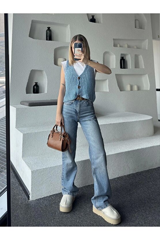 Triko Kolsuz Düğmeli Yelek - Mavi