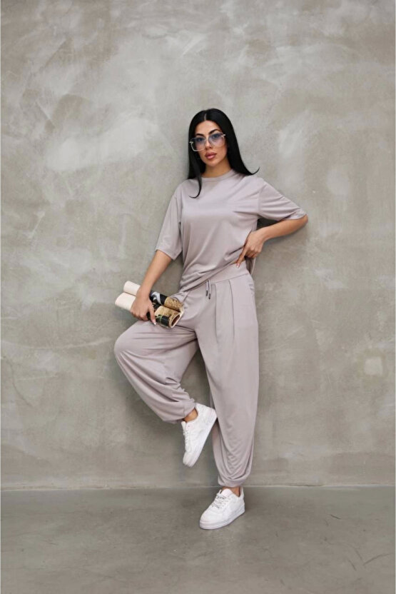 Osy Modal Yumuşak Dokulu Kumaş Oversize Bisiklet Yaka T-shirt Jogger Eşofman Altı Eşofman Takımı - G