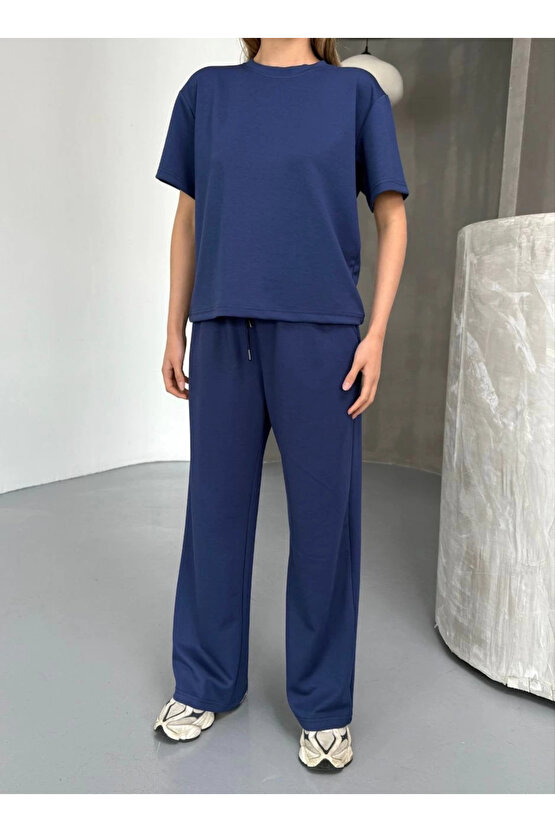 Osy Modal Yumuşak Dokulu Kumaş Kısa Kollu Bluz Rahat Pantalon ikili Takım- Lacivert