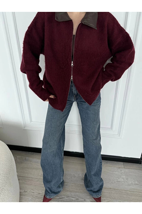 Deri Yakalı Pamuk dokulu Çift Taraflı Çalışan Fermuar Ceket - Bordo
