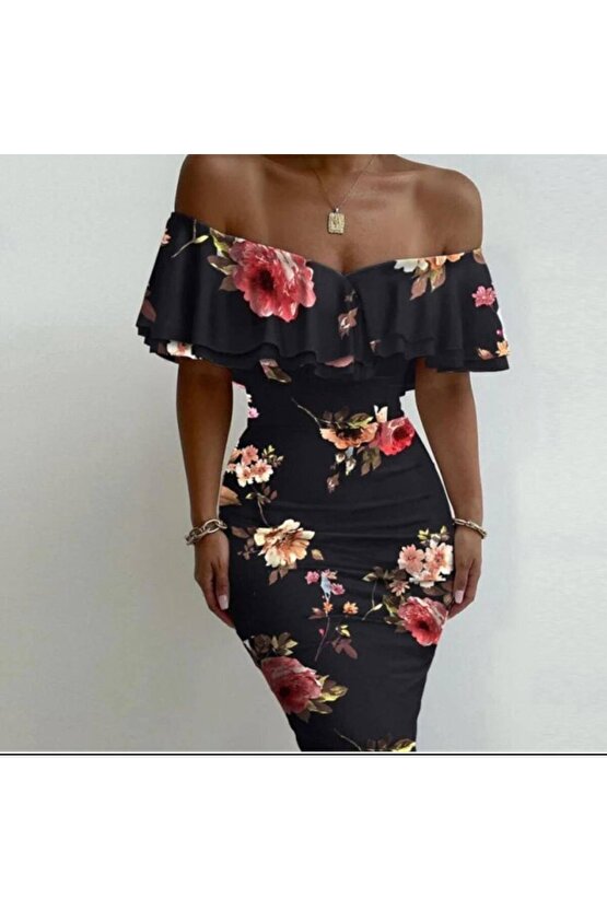 Kadın Madonna Yaka çiçek Baskılı Volan Detay Kalem Elbise