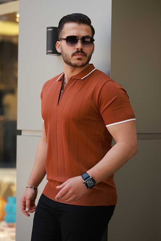 Erkek Fermuar Yakalı çizgi Dokulu Kısa Kollu Tişört