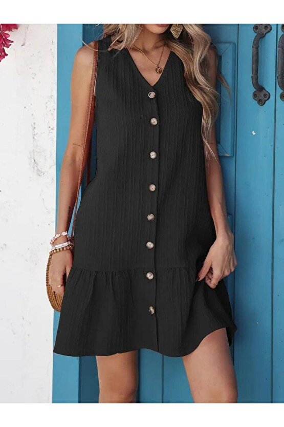 Kadın Kolsuz V Yakalı önden Düğmeli Fırfırlı Narin Elbise