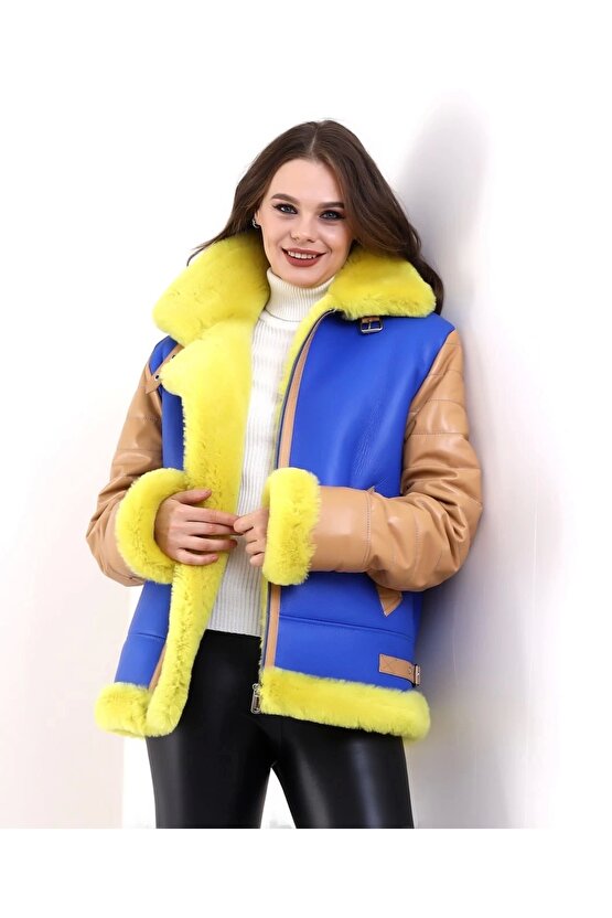 Kadın Koyun Derisi Pilot Hakiki Kürk - Sarı