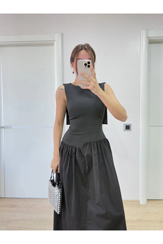 Velmora Premium Krep Arkası Kanat Arka Ön Pens Detaylı Uzun Kadın Elbise - Siyah -VLMR