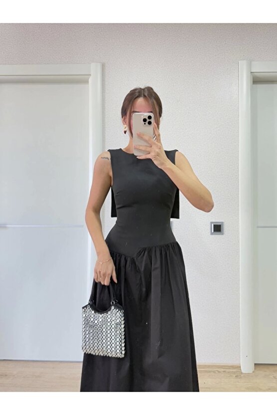 Velmora Premium Krep Arkası Kanat Arka Ön Pens Detaylı Uzun Kadın Elbise - Siyah -VLMR