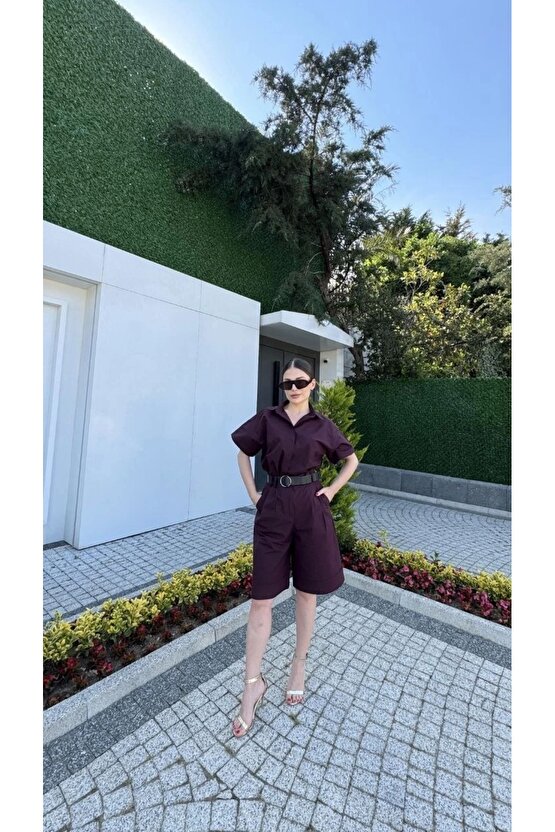 Kadın Yakalı Gömlek Kemerli Şortlu Takım - Bordo