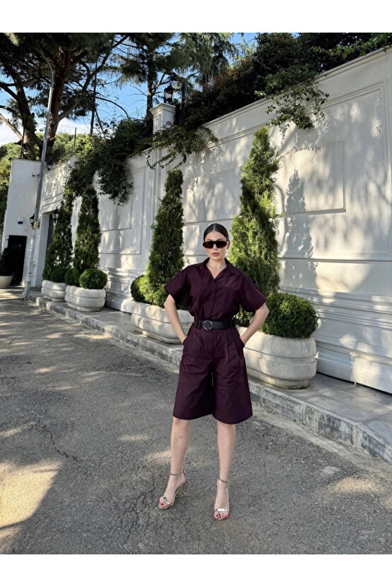 Kadın Yakalı Gömlek Kemerli Şortlu Takım - Bordo