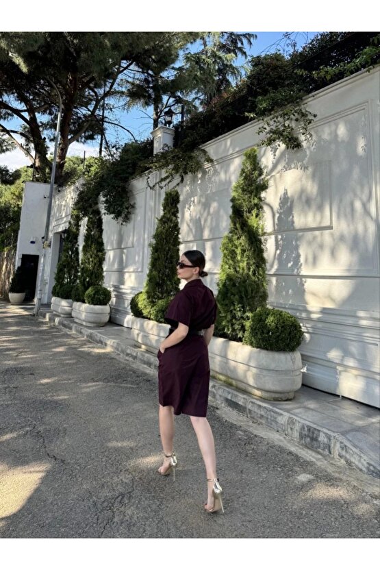 Kadın Yakalı Gömlek Kemerli Şortlu Takım - Bordo