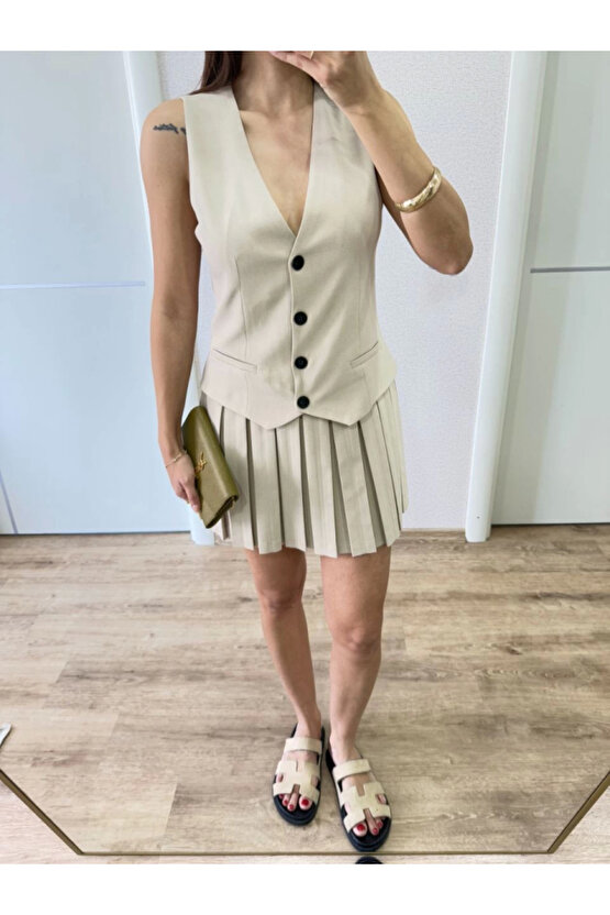 Keten Takım Görünümlü Düğme Detaylı Yelekli Mini Elbise - Bordo