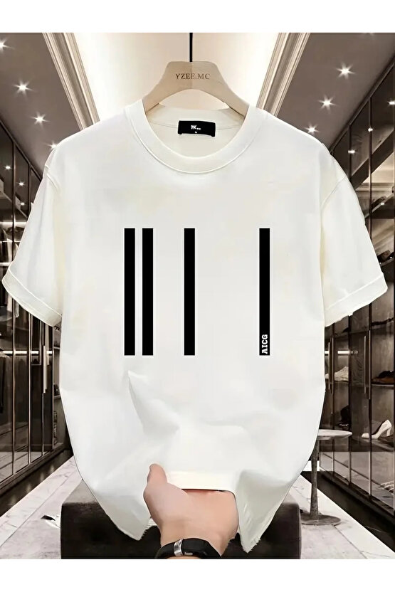 AICG Ön Arka Baskılı Bisiklet Yaka Kadın Oversize Bisiklet Yaka T-shirt - Beyaz