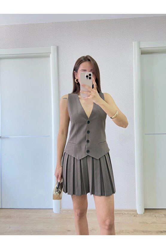 Keten Takım Görünümlü Düğme Detaylı Yelekli Mini Elbise - Bordo