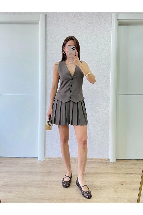 Keten Takım Görünümlü Düğme Detaylı Yelekli Mini Elbise - Bordo