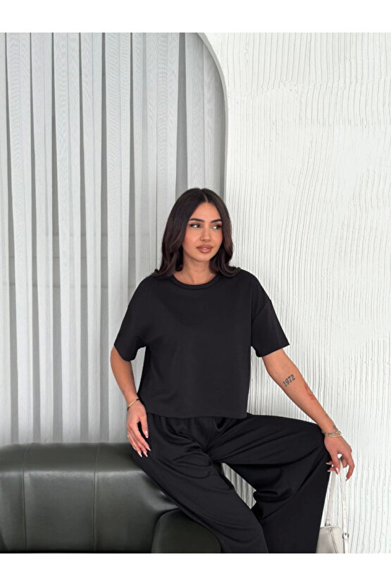 Osy Modal Yumuşak Dokulu Kumaş Bisiklet Yaka T-shirt Bol Paça Pantalon Ikili Takım -Siyah