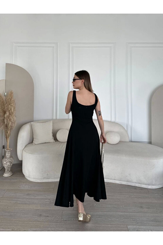 Sırt Dekolteli Kolsuz Uzun Elbise - Siyah