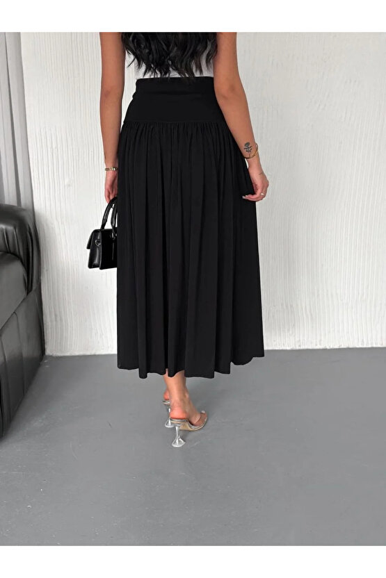 Sandy Uzun Beli Lastikli Yüksel Bel Etek - Siyah