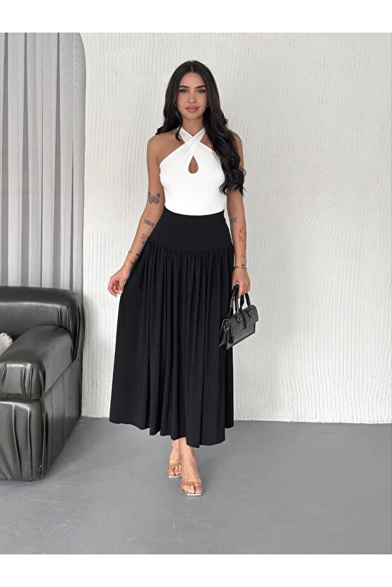 Sandy Uzun Beli Lastikli Yüksel Bel Etek - Siyah