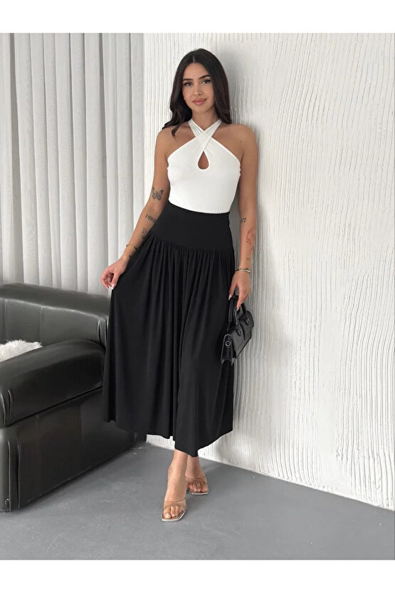 Sandy Uzun Beli Lastikli Yüksel Bel Etek - Siyah