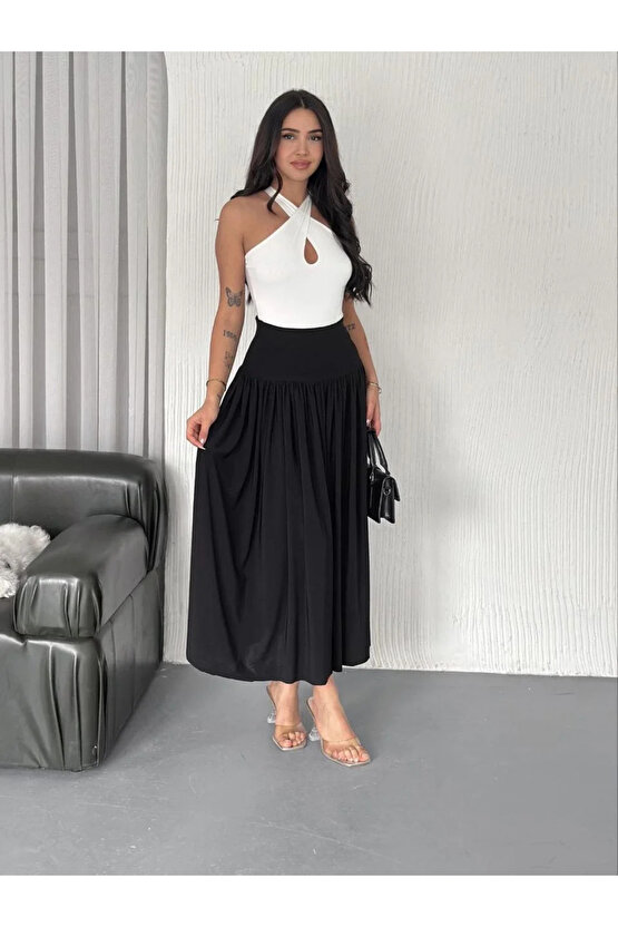 Sandy Uzun Beli Lastikli Yüksel Bel Etek - Siyah