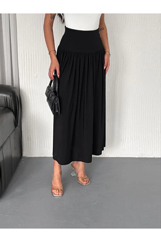 Sandy Uzun Beli Lastikli Yüksel Bel Etek - Siyah