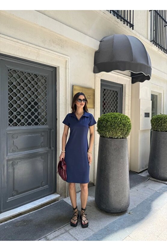 Osy Modal Yumuşak Dokulu Kumaş Yakalı Kısa Kollu Elbise - Mavi