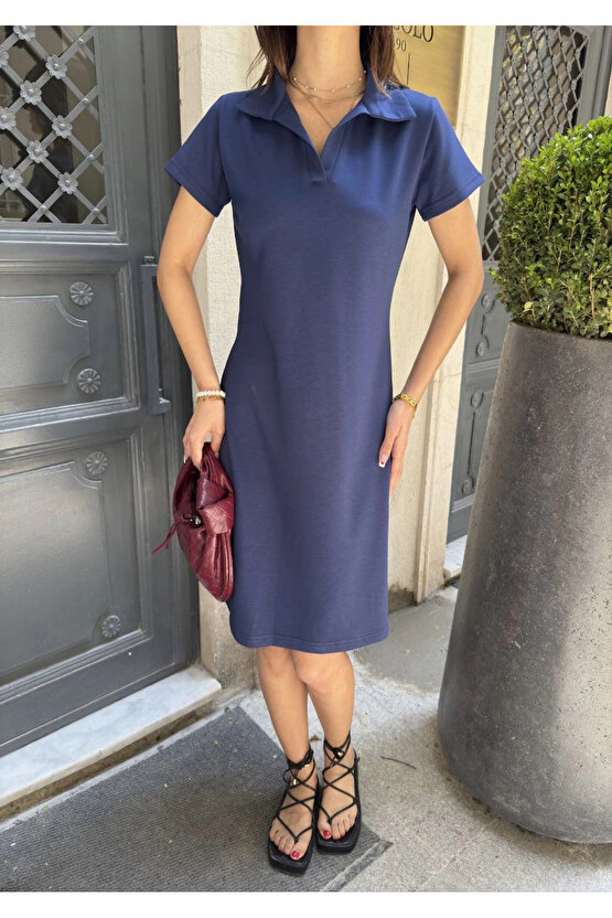 Osy Modal Yumuşak Dokulu Kumaş Yakalı Kısa Kollu Elbise - Mavi