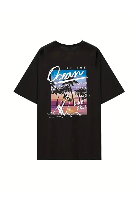 Kadınlar İçin Geniş Kesim Tişört - Kısa Kollu, Bol Kesim, Manzaralı Okyanus Baskı, Günlük Yazlık Üst