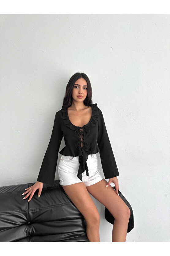 Keten Uzun Kol Bağacık Detaylı Bluz - Siyah