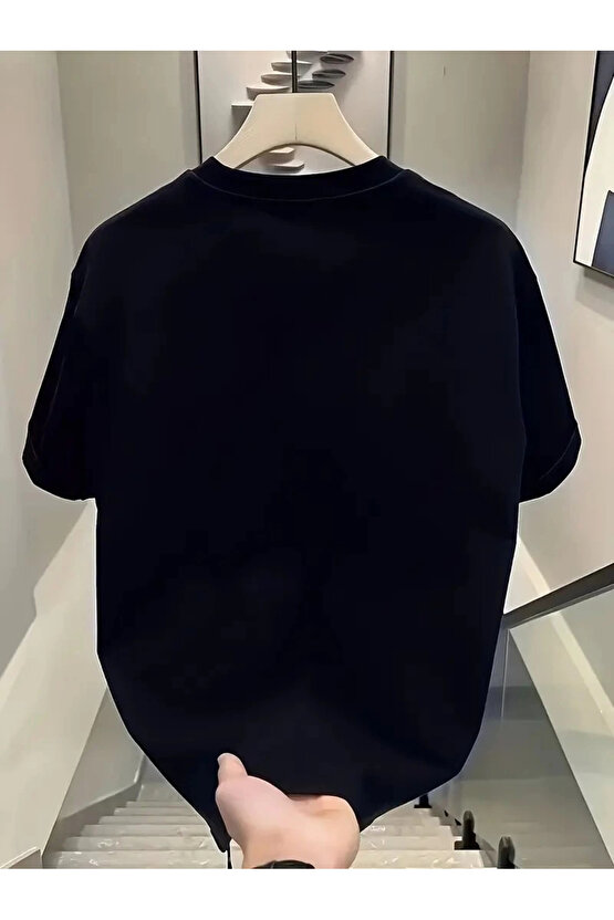 201 Penye Compack Day One Baskılı Oversize Bisiklet Yaka T-shirt - Siyah