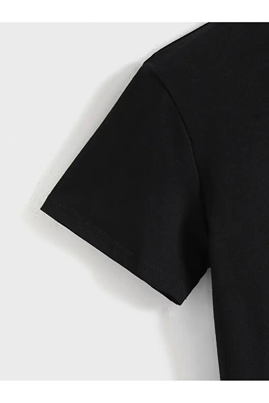 201 Penye Compack Baskılı Oversize Kısa Kol Bisiklet Yaka T-shirt - Siyah