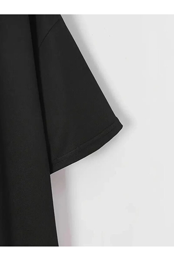 201 PENYE COMPACK BASKILI OVERSİZE BİSİKLET YAKA M KISA KOL YAZLIK T-SHİRT - SİYAH