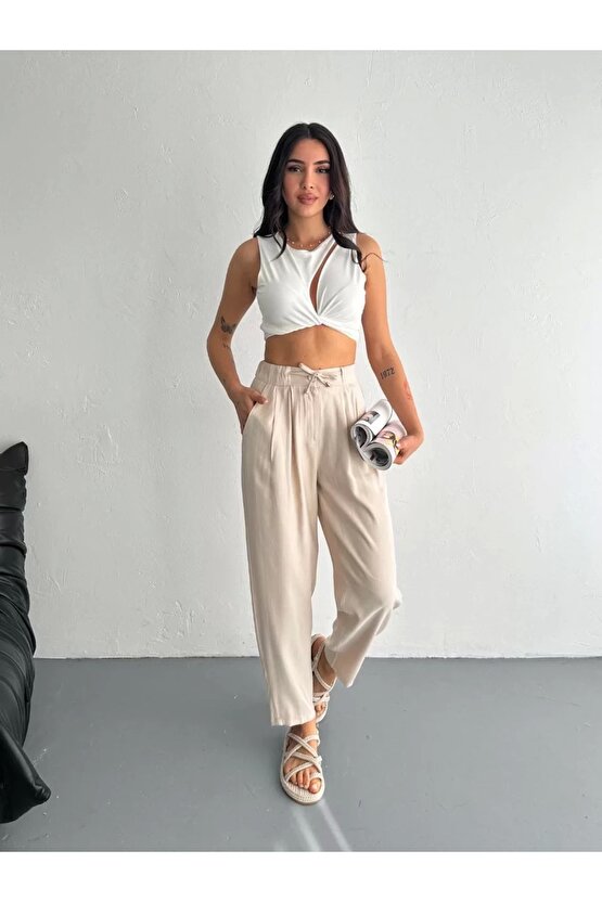 Kadın Yüksel Bel Beli Bağcıklı Rahat Boru Paça Pantalon - Kırık Beyaz