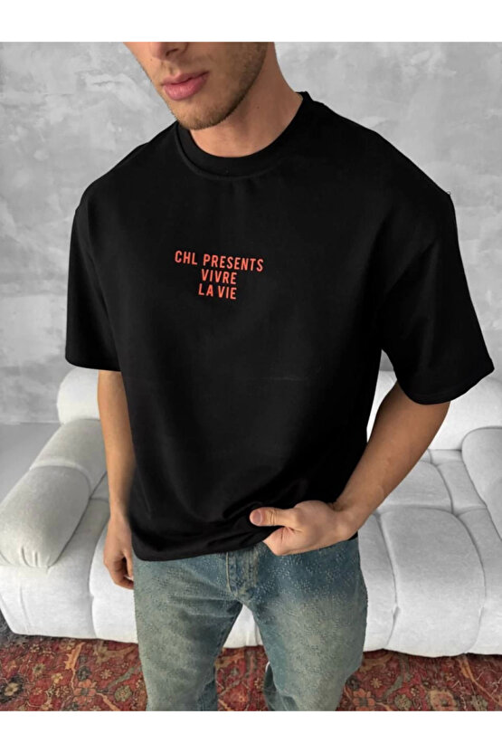 Ön Ve Arka Baskılı Oversize Bisiklet Yaka T-shirt- Siyah