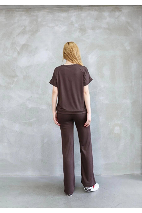 Osy Modal Yumuşak dokulu Kumaş Bisiklet Yaka Kısa Kollu Takım - Kahverengi