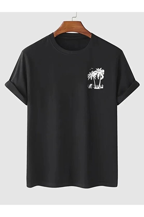 201 Penye Compack Palmiye Ön Baskılı Oversize Bisiklet Yaka Kısa Kol Yazlık T-shirt - Siyah